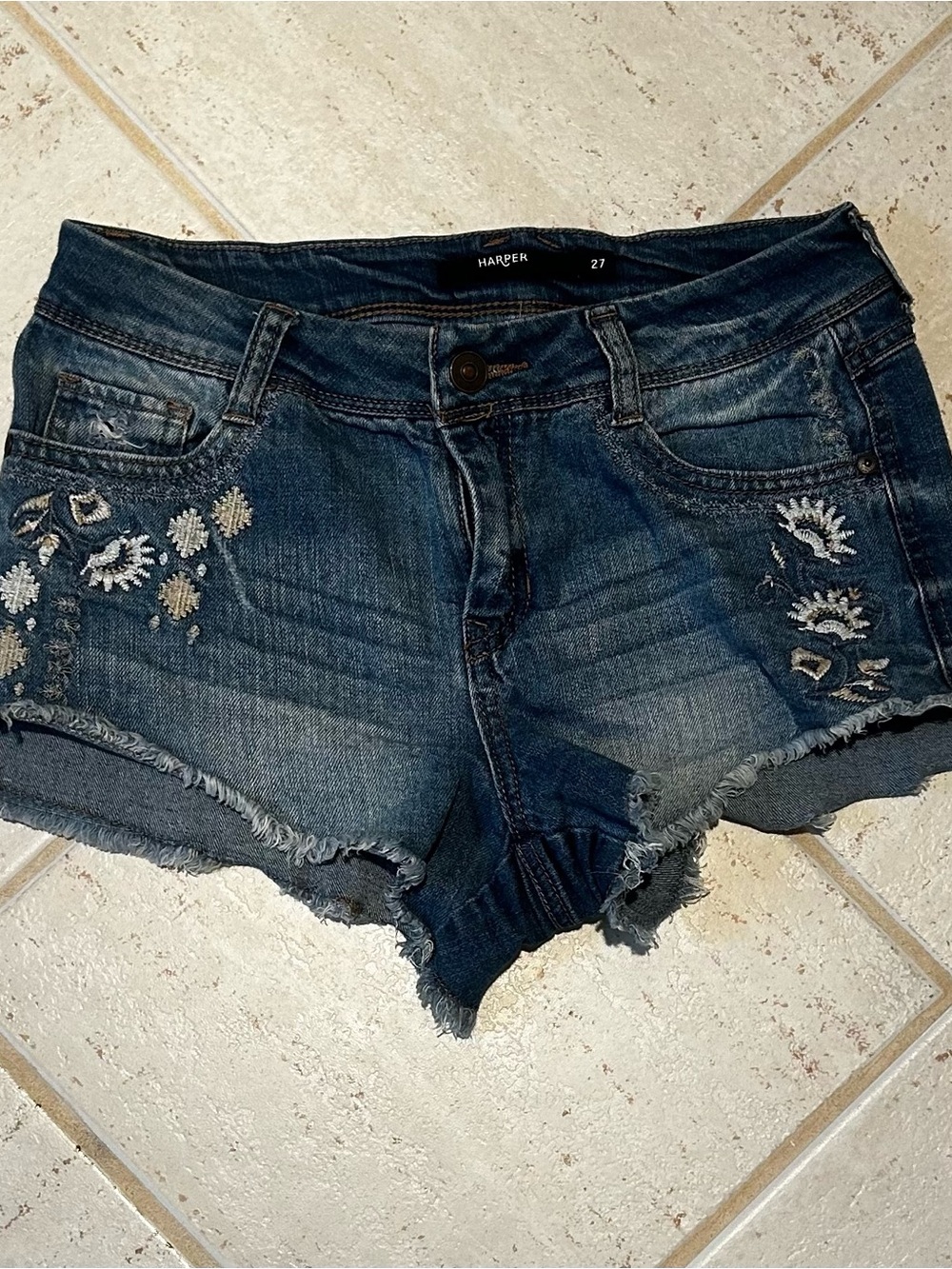 Harper Dark Blue Embroidered Denim Mini Shorts